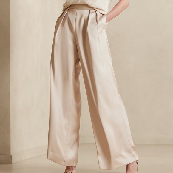 Wide Leg Pleated High Rise Pants Size 10 Cream Banana Republic - Picture 2 of 12